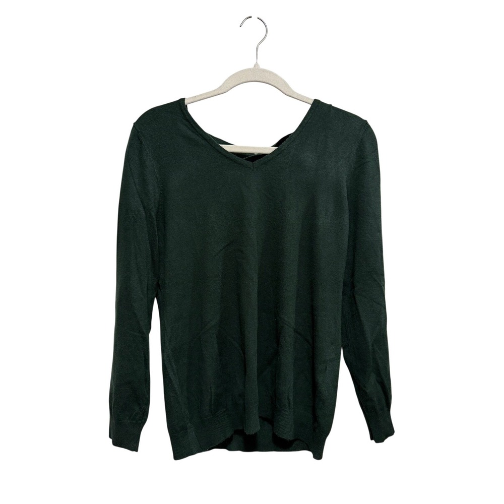 Love Ellie Womens L Forest Green V-Neck Sweater Strappy Lattice Open Back Knit L